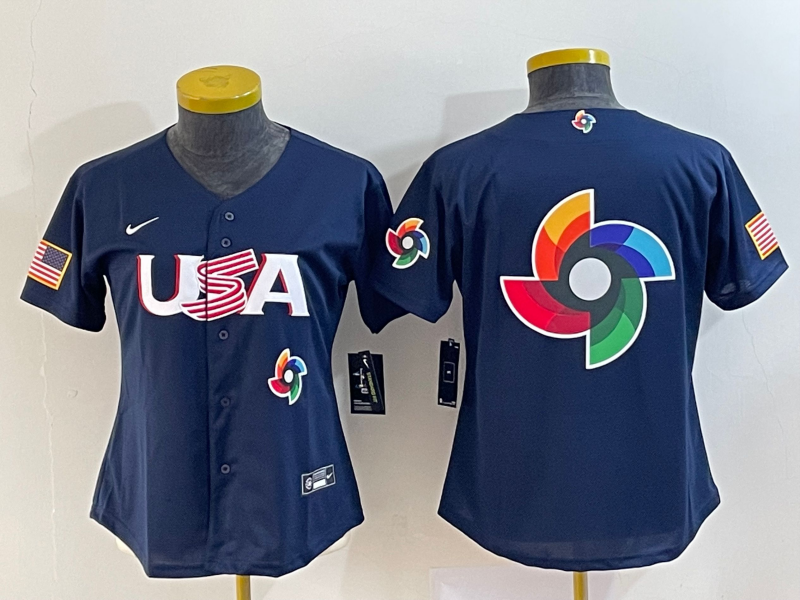 Women's USA Baseball 2023 Navy Big Logo With Patch World Baseball Classic Stitched Jersey(Run Small)